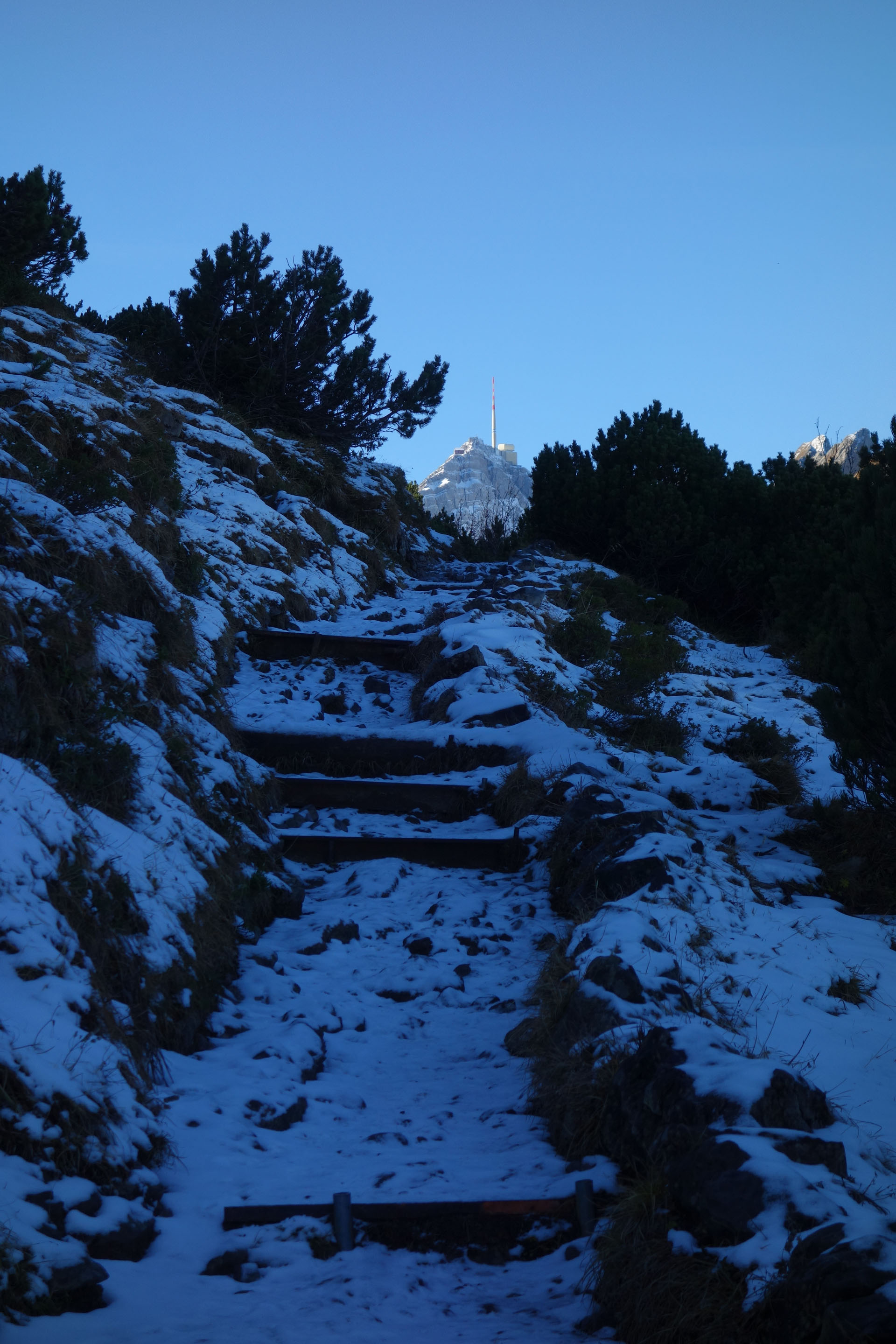 Schneebedeckter Wanderweg mit Säntis